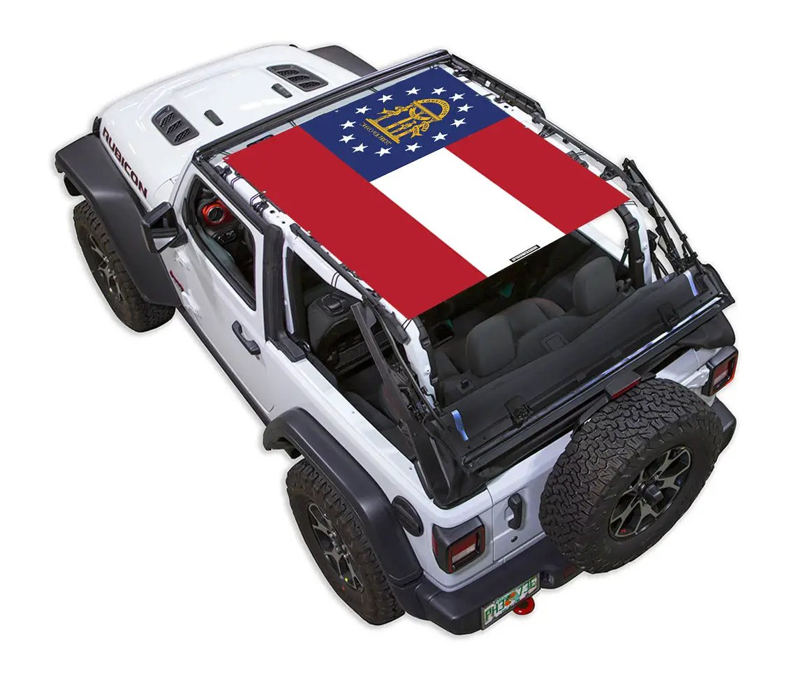 Sun shade for Jeep Wrangler JL 2-Door by SPIDERWEBSHADE with flag-print design across windshield