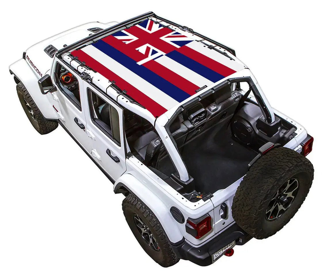 Sun shade top for Jeep Wrangler JLU 4-Door by SpiderWebShade with Hawaii flag print on roof
