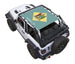 Sun shade for Jeep Wrangler JL 2-Door by SpiderWebShade; stock printed shade top in teal with crest design.