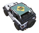 Sun shade for Jeep Wrangler JL 2-Door by SpiderWebShade; stock printed shade top in teal with crest design.