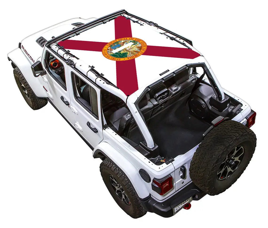 Sun shade for Jeep Wrangler JLU 4-Door by SpiderWebShade; stock printed top with Florida state flag design