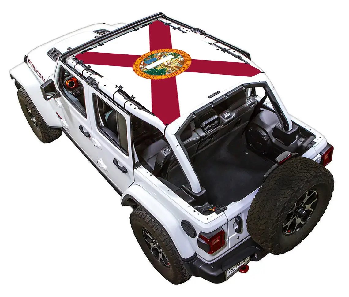 Sun shade for Jeep Wrangler JLU 4-Door by SpiderWebShade; stock printed top with Florida state flag design