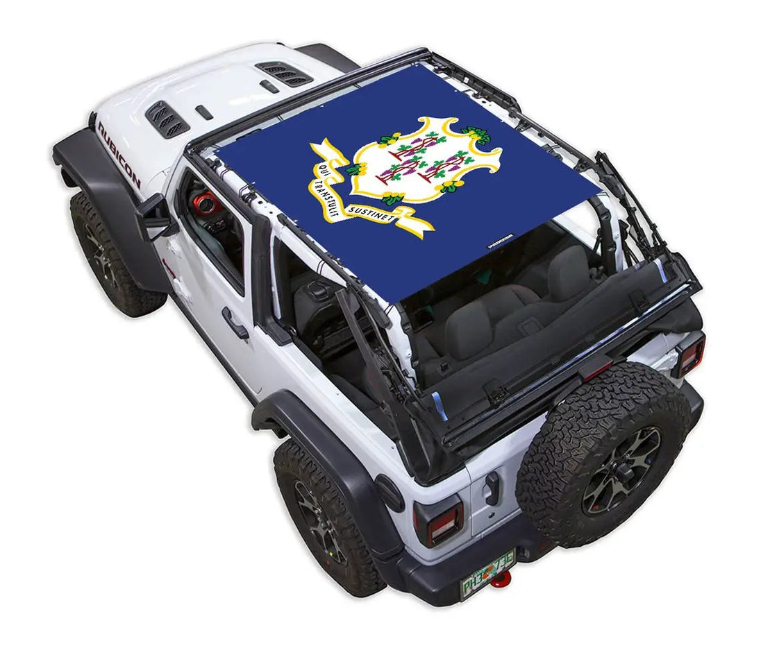 Sun Shade SpiderWebShade for Jeep Wrangler JL 2-Door, navy blue printed crest design