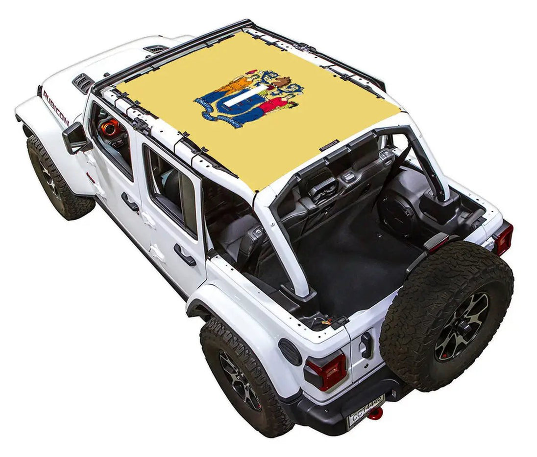 Sun shade top by SpiderWebShade for Jeep Wrangler JLU 4-Door; tan printed crest roof
