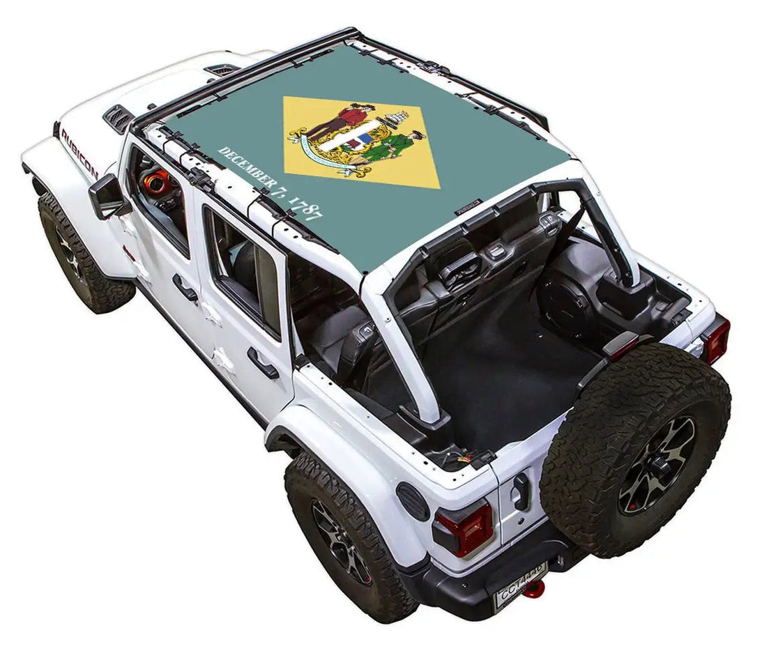Sun Shade for Jeep Wrangler JLU 4-Door by SpiderWebShade, teal printed shade top with crest emblem.