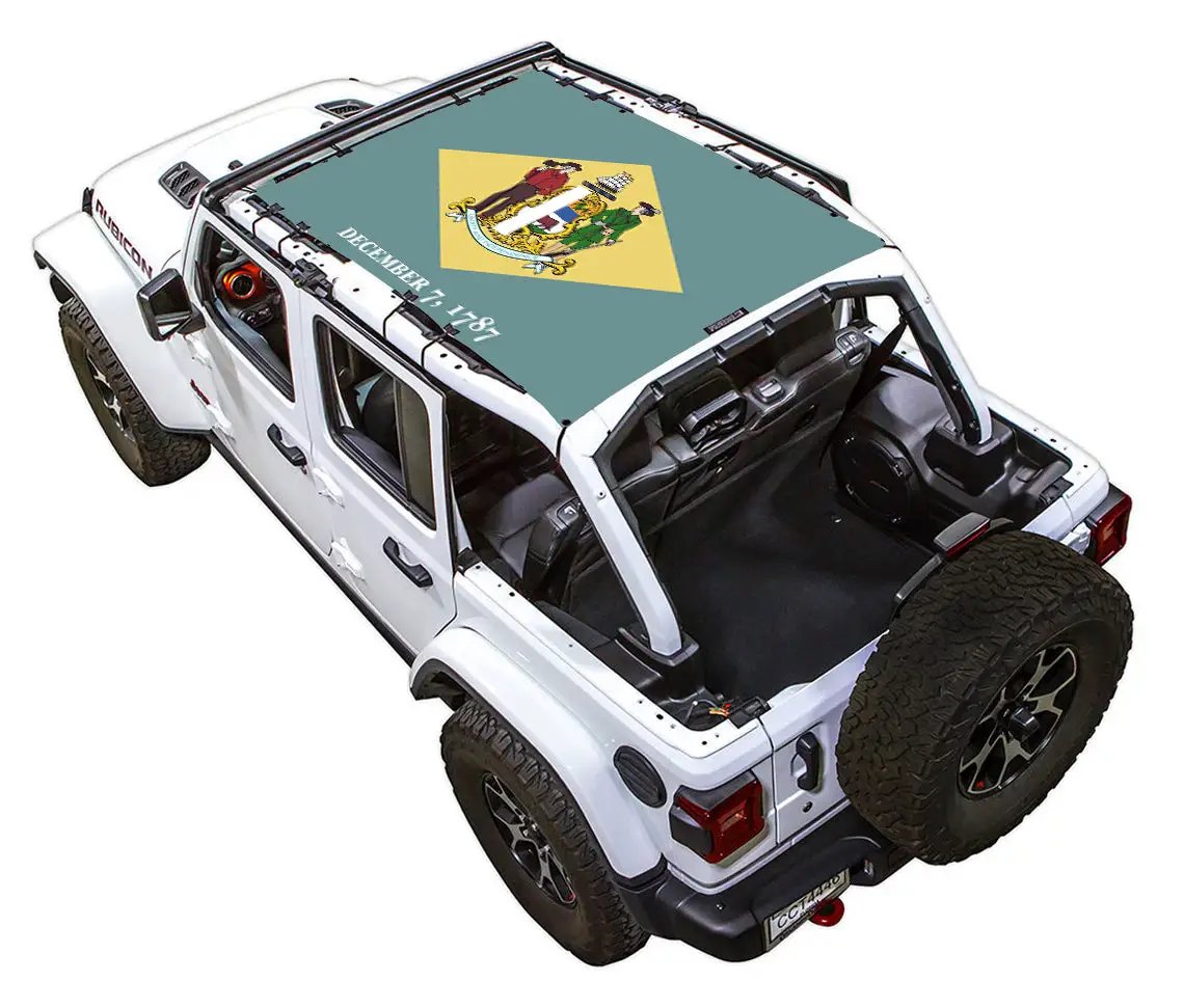 Sun Shade for Jeep Wrangler JLU 4-Door by SpiderWebShade, teal printed shade top with crest emblem.