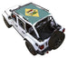 Sun Shade for Jeep Wrangler JLU 4-Door by SpiderWebShade, teal printed shade top with crest emblem.
