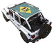 Sun Shade for Jeep Wrangler JLU 4-Door by SpiderWebShade, teal printed shade top with crest emblem.