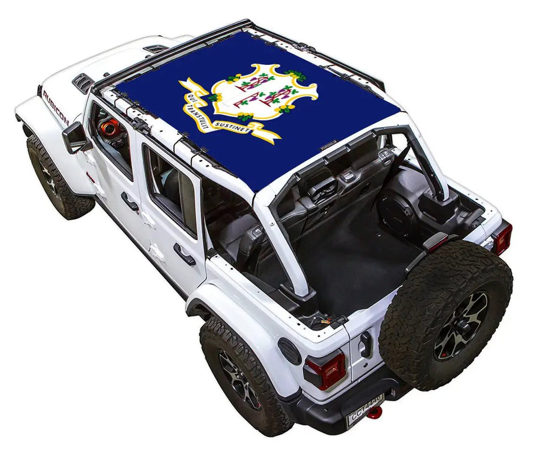 Sun shade SpiderWebShade for Jeep Wrangler JLU 4-Door (2018–2026), blue printed roof-top design