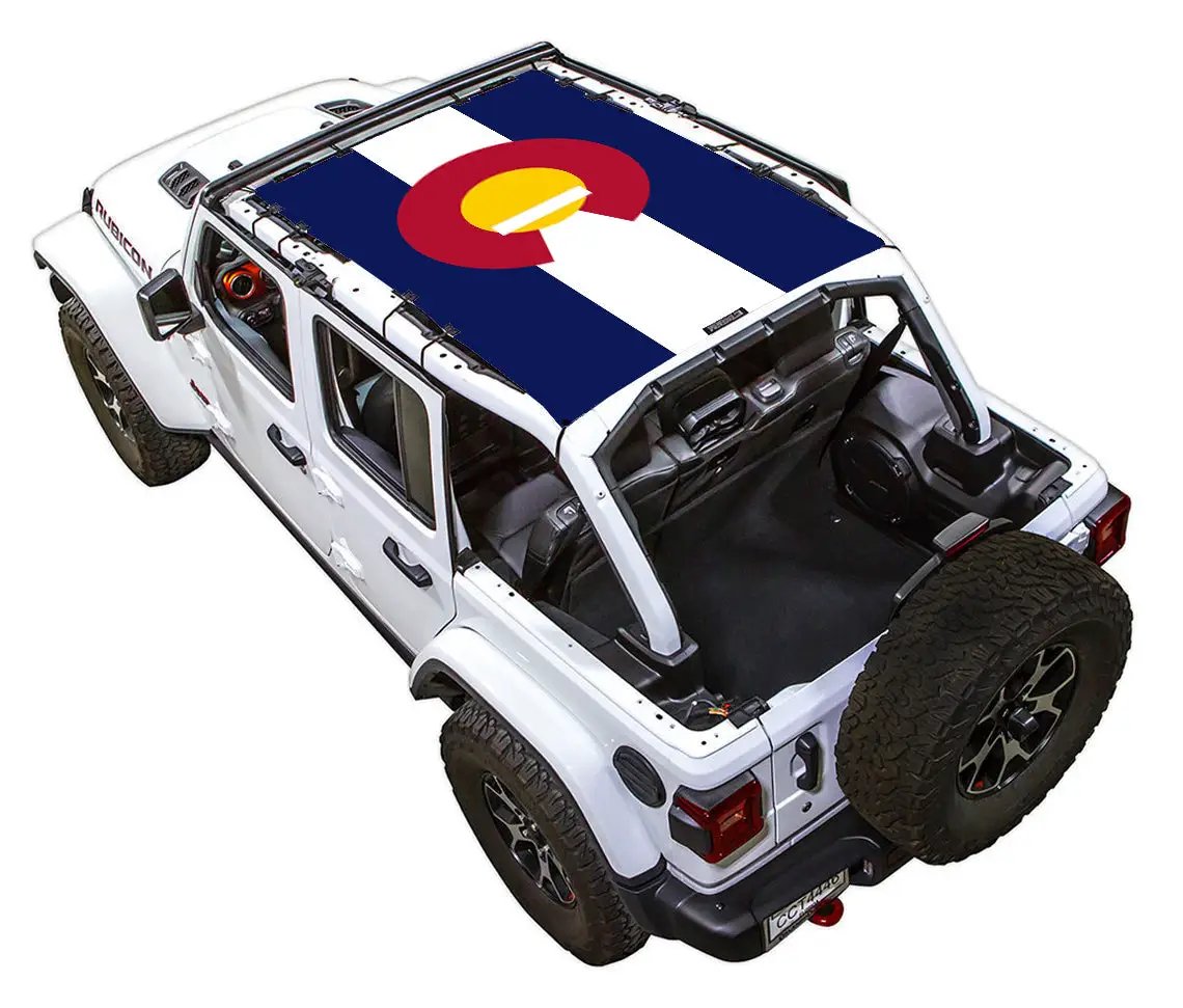 SpiderWebShade sun shade for Jeep Wrangler JLU 4-Door; white Jeep with Colorado flag roof graphic
