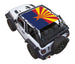 SPIDERWEBSHADE sun shade for Jeep Wrangler JL 2-Door; stock printed top with Arizona flag-style sunburst design.