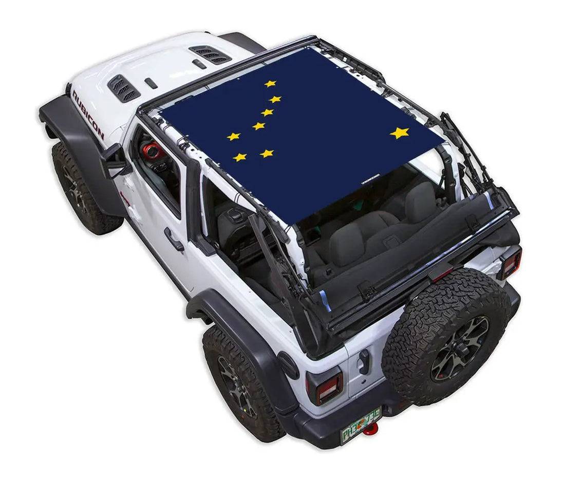 SpiderWebShade Sun Shade for Jeep Wrangler JL 2-Door, Alaska state flag print on dark blue fabric