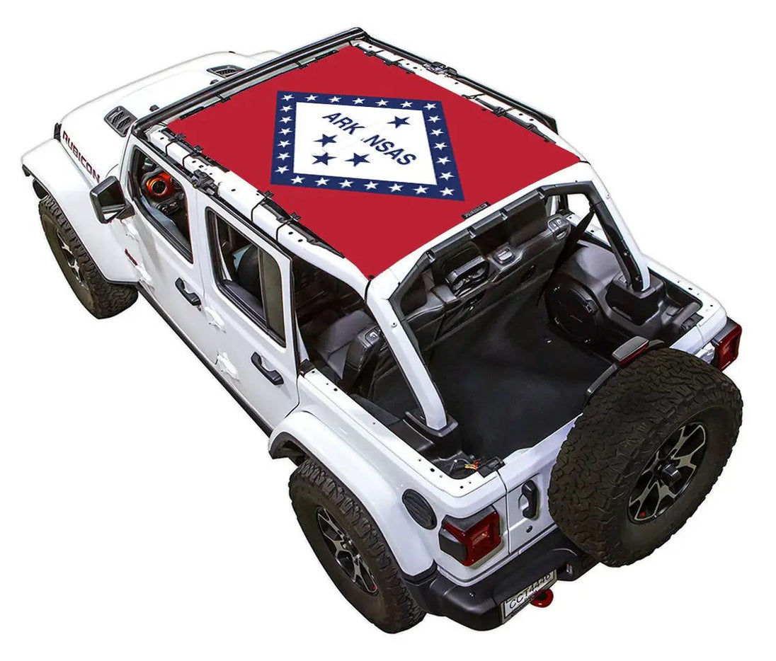 Sun Shade for Jeep Wrangler JLU 4-Door by SpiderWebShade; red printed shade top.