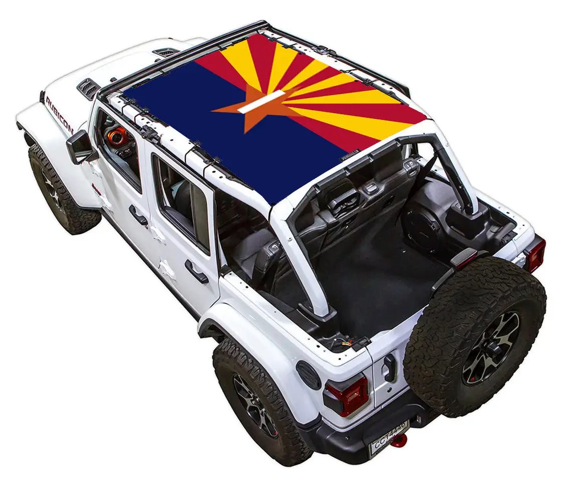 Sun shade for Jeep Wrangler JLU 4-Door by SPIDERWEBSHADE with Arizona state flag print on roof panel top