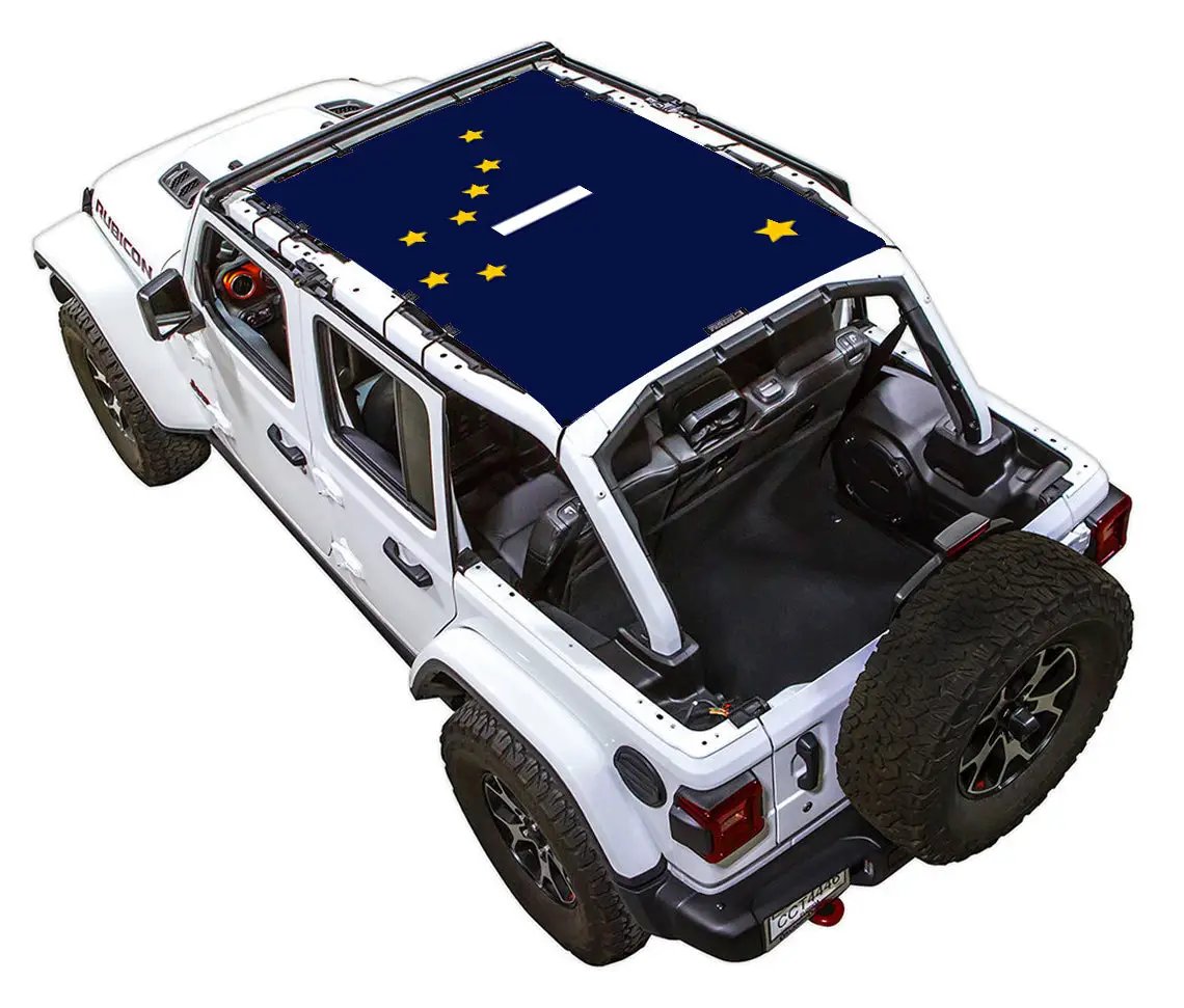 Sun shade top for Jeep Wrangler JLU 4-Door by SpiderWebShade, stock printed blue flag design.