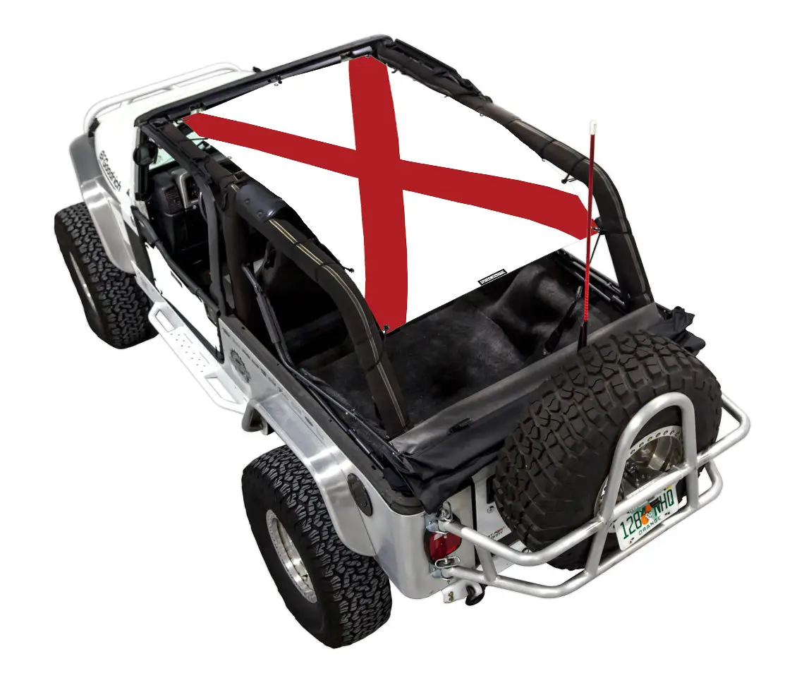 Sun shade top for Jeep Wrangler LJ 2004–2006 by SpiderWebShade, printed England flag design