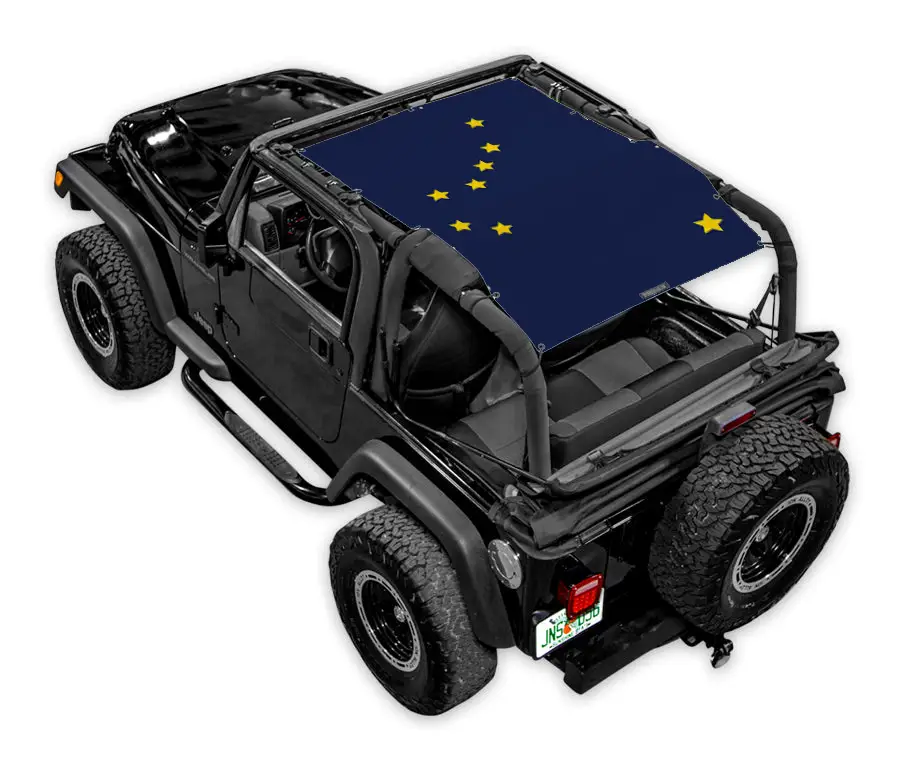 Sun shade for Jeep Wrangler TJ, SPIDERWEBSHADE blue printed top with yellow stars.