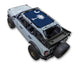 Ford Bronco sun shade by SpiderWebShade, stock printed shade top (2021–2026), blue with white palm tree design.