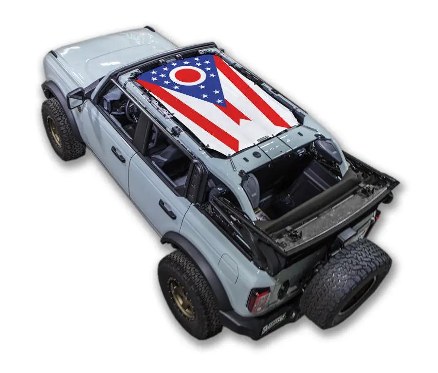 Ford Bronco Sun Shade Stock Printed Shade Top by SpiderWebShade with patriotic flag print for 2021–2026.