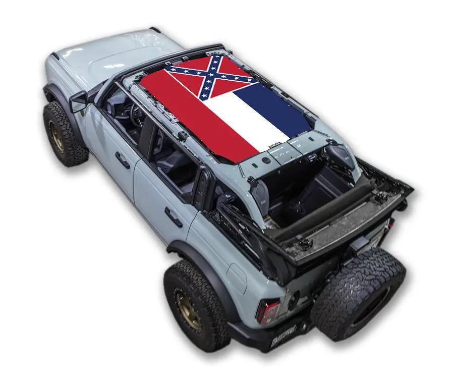 Sun shade by SpiderWebShade for Ford Bronco (2021–2026) with Confederate flag print.