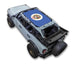 Ford Bronco sun shade top by SpiderWebShade; blue printed shade with circular emblem.