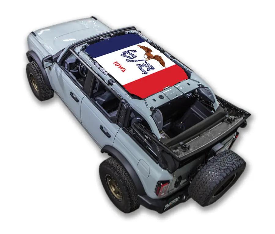 Sun Shade for Ford Bronco by SpiderWebShade with Iowa flag print top