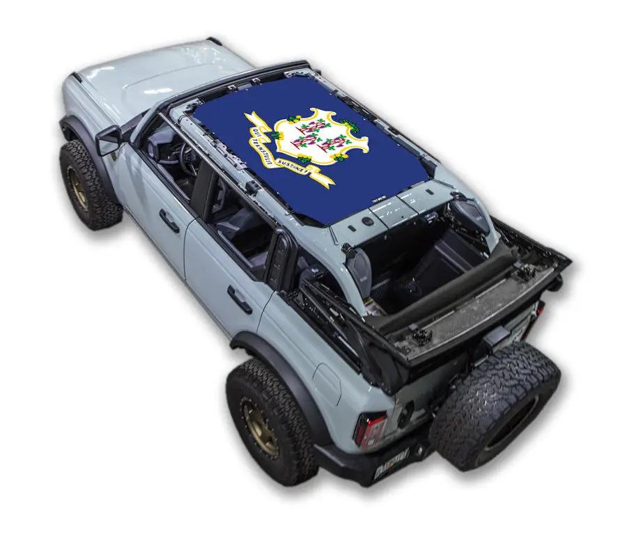 Ford Bronco sun shade stock printed top blue with crest design