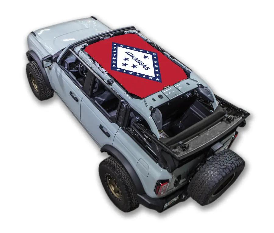 Sun shade for Ford Bronco (2021–2026) by SpiderWebShade; red printed top with Arkansas flag design