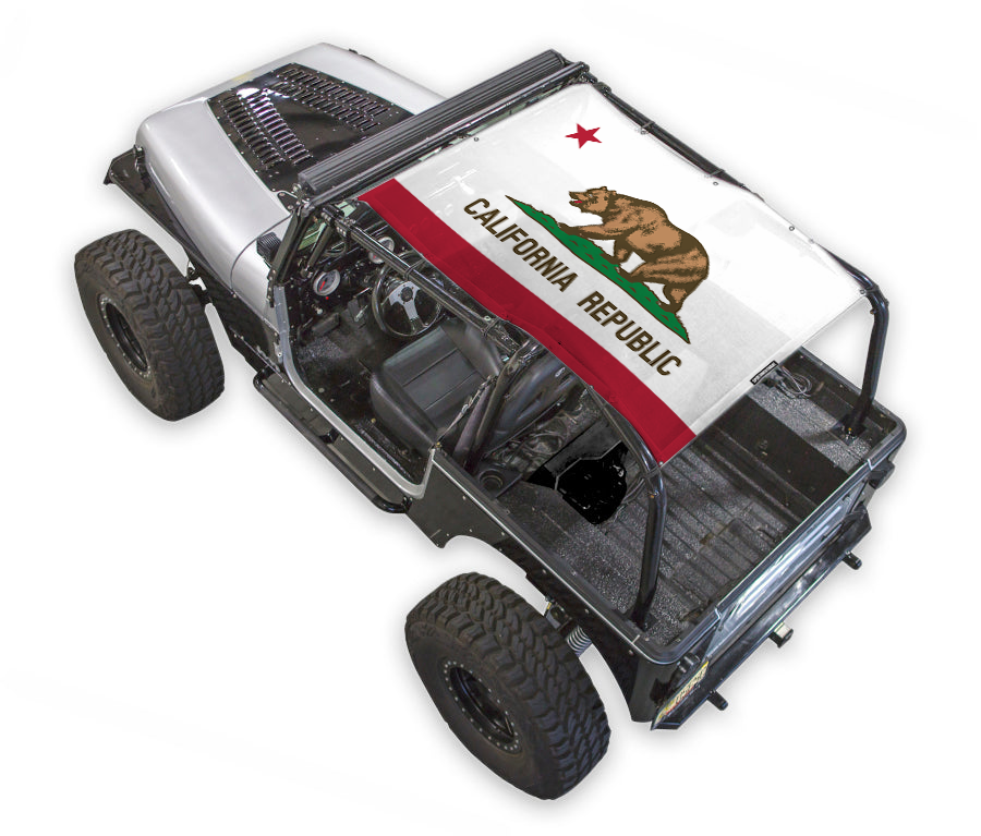 Sun shade top SPIDERWEBSHADE for Jeep Wrangler YJ with California Republic flag print.