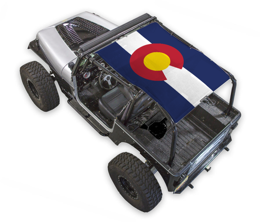 Sun shade for Jeep Wrangler YJ by SPIDERWEBSHADE with Colorado flag design.