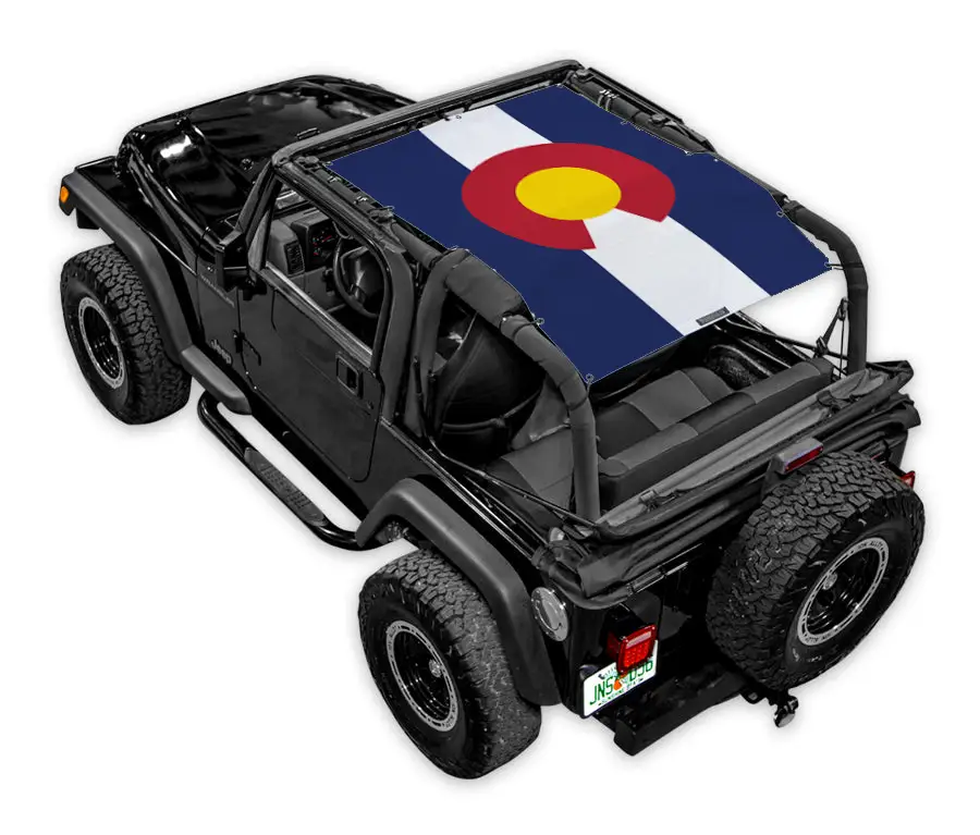 SPIDERWEBSHADE Sun Shade Top for Jeep Wrangler TJ (1997–2006) with Colorado flag print.