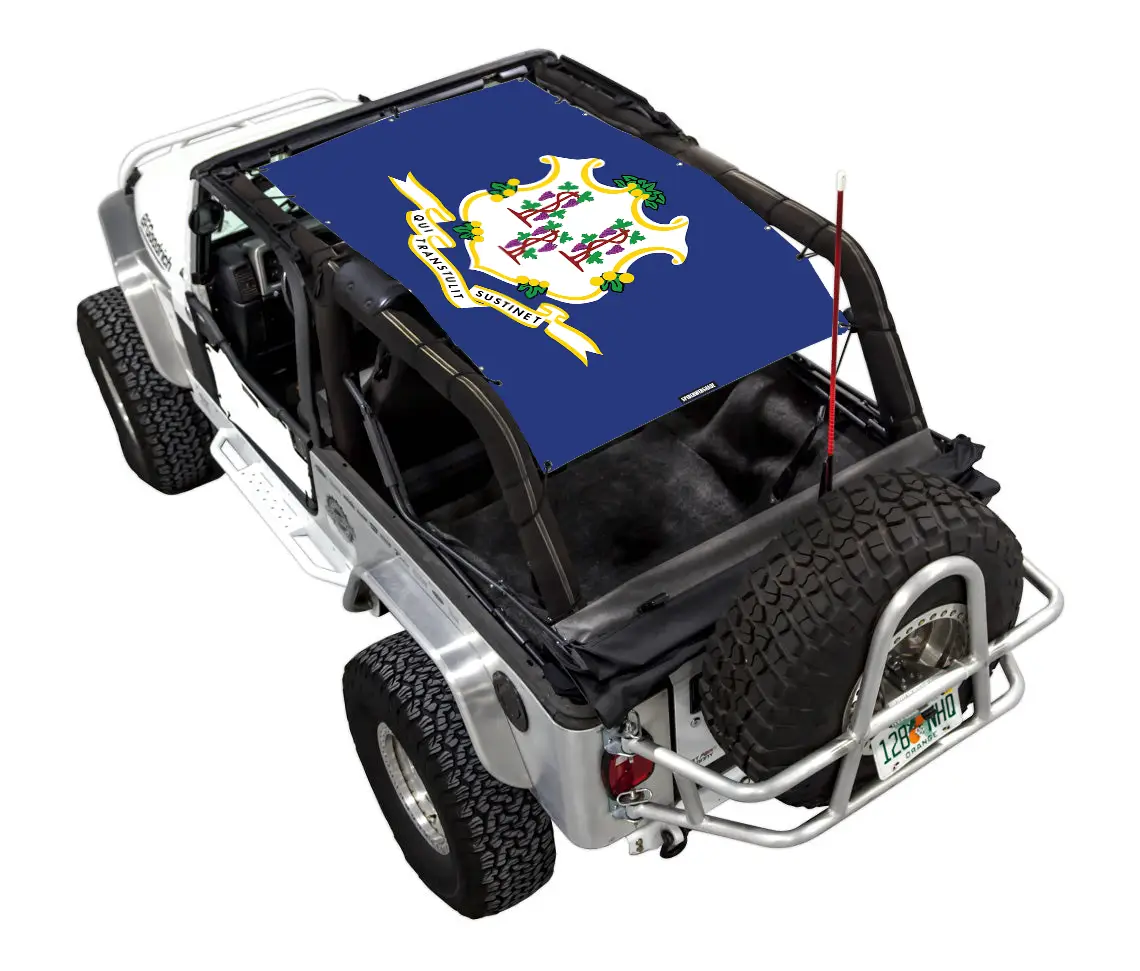 SPIDERWEBSHADE sun shade top for Jeep Wrangler LJ 2004–2006 in blue with Connecticut state flag design