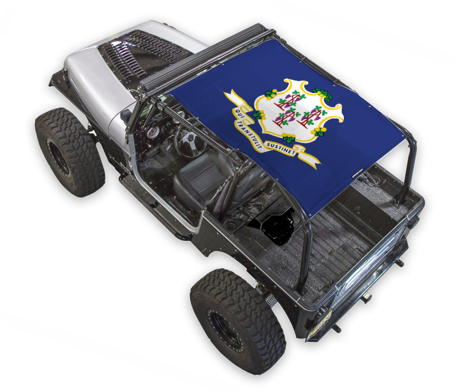 Sun Shade for Jeep Wrangler YJ, blue printed flag crest, SPIDERWEBSHADE.