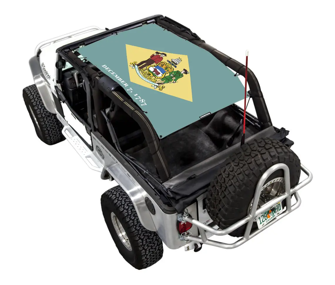 Sun Shade SPIDERWEBSHADE for Jeep Wrangler LJ 2004–2006, teal printed top with crest emblem