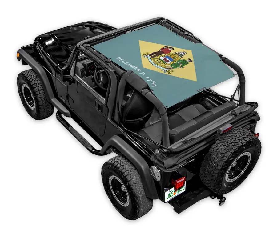 Sun shade for Jeep Wrangler TJ by SPIDERWEBSHADE, teal printed flag design