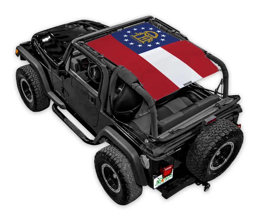 Sun shade top for Jeep Wrangler TJ (1997–2006) by SpiderWebShade, printed red, white and blue flag design.