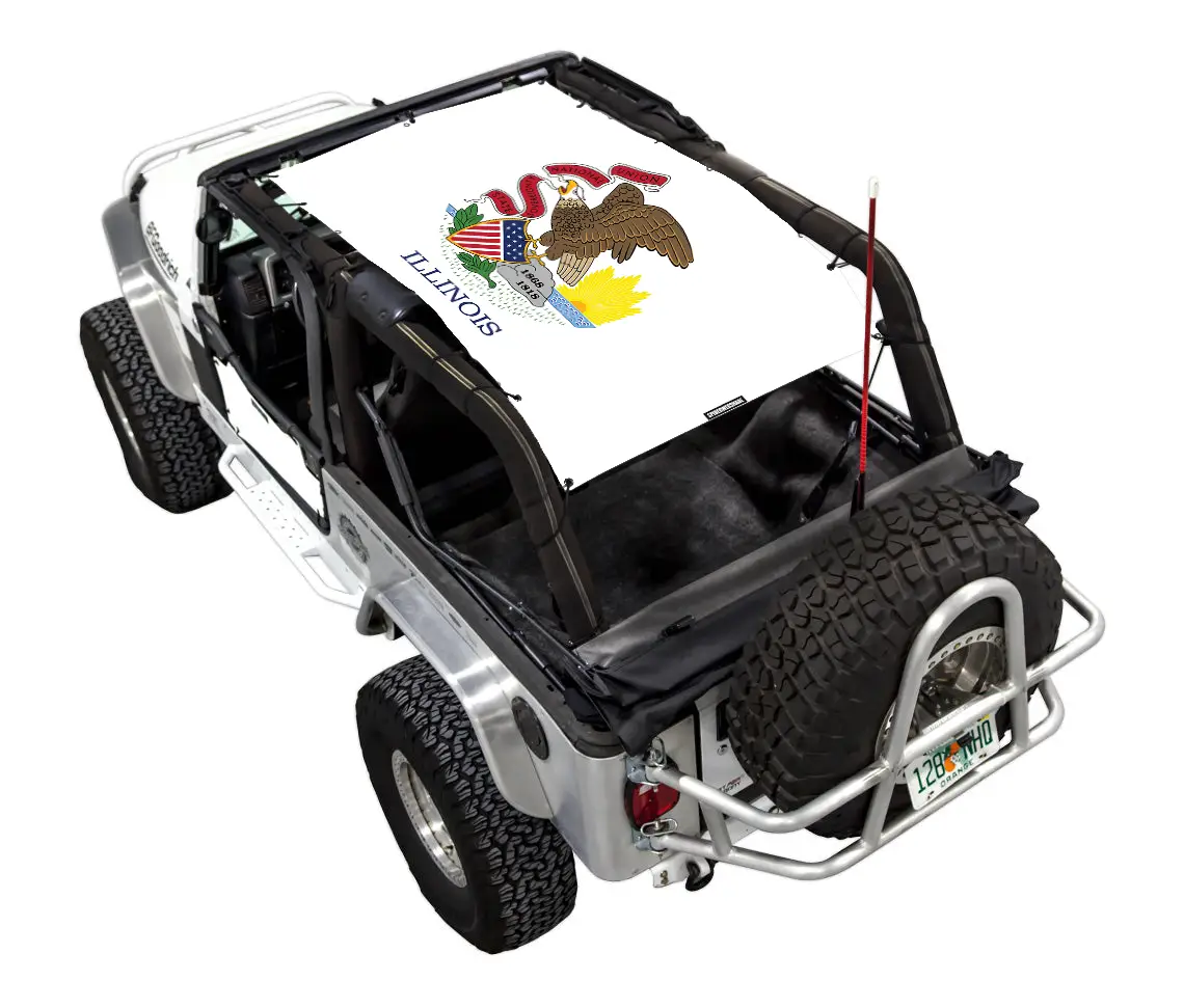 Sun shade for Jeep Wrangler LJ 2004–2006 by SpiderWebShade, white with Illinois state flag print