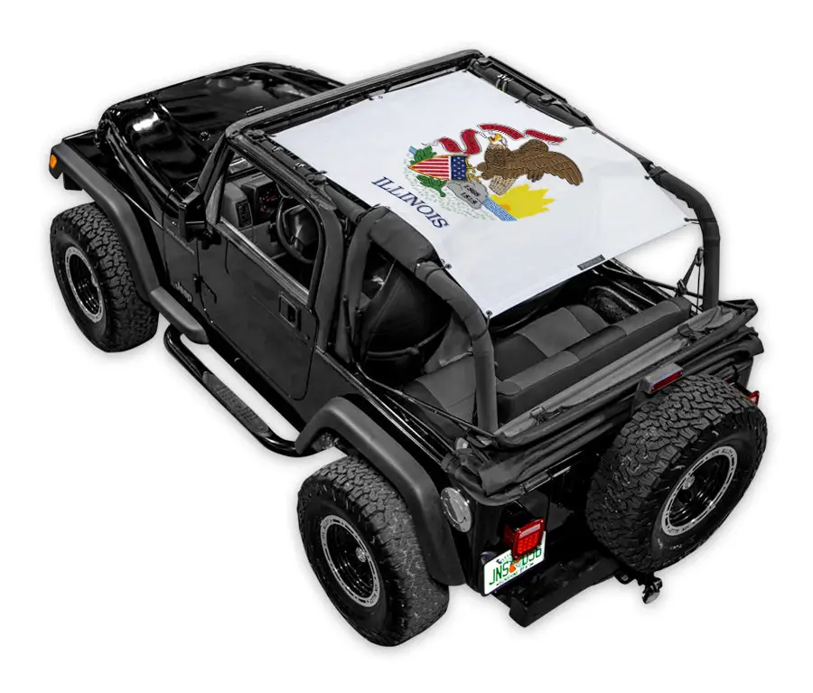 SpiderWebShade Sun Shade Top for Jeep Wrangler TJ (1997–2006) with Illinois flag print.