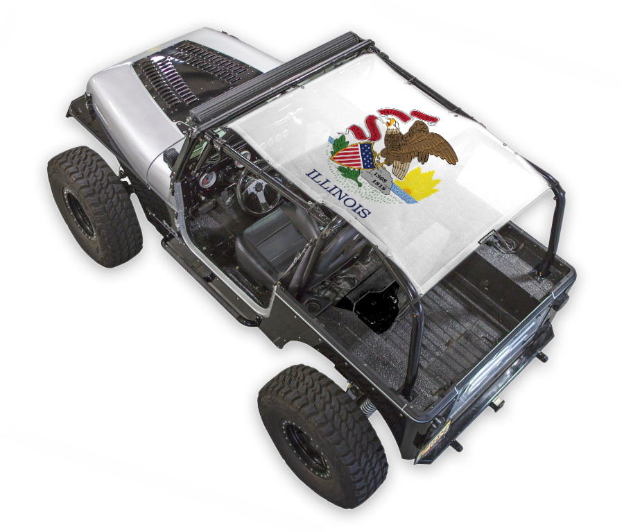 SPIDERWEBSHADE sun shade top for Jeep Wrangler YJ (1987–1996) with Illinois emblem; silver printed fabric