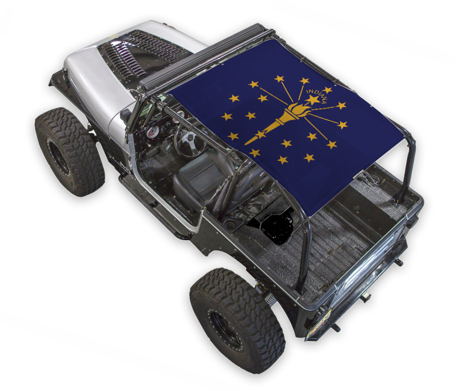 Sun shade top for Jeep Wrangler YJ by SpiderWebShade, blue Indiana state flag graphic.