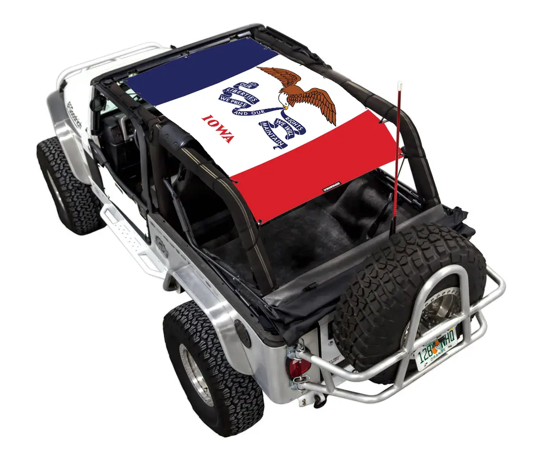 Sun shade for Jeep Wrangler LJ (2004–2006) by SPIDERWEBSHADE, Iowa flag print in blue-white-red panels.