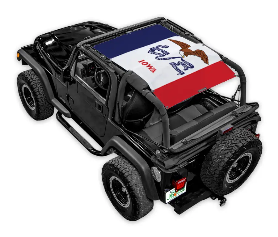 Jeep Wrangler TJ Sun Shade by SPIDERWEBSHADE (1997–2006); stock printed shade top with Iowa flag design.