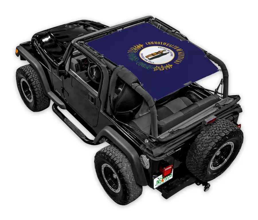 Sun shade SPIDERWEBSHADE for Jeep Wrangler TJ (1997–2006); blue printed shade top installed on the vehicle