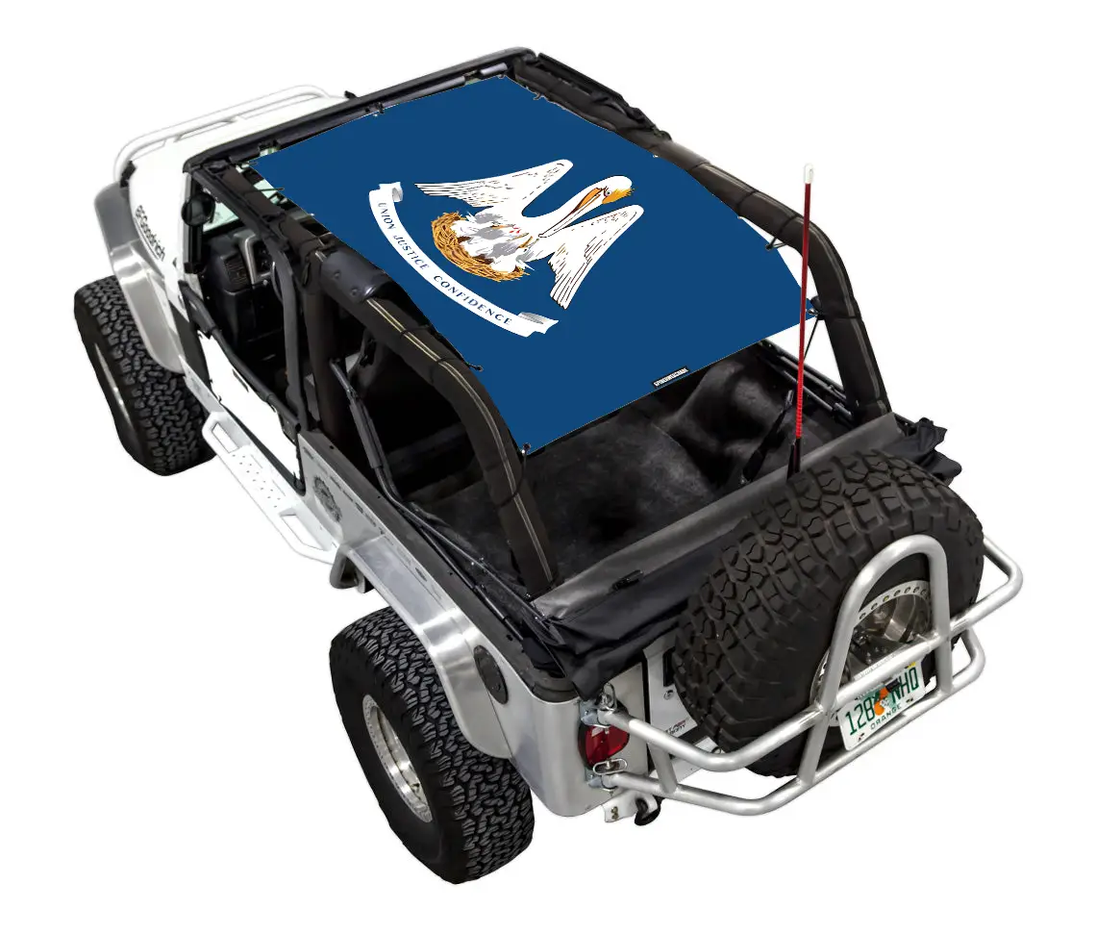 Sun Shade for Jeep Wrangler LJ by SPIDERWEBSHADE; blue printed shade top.