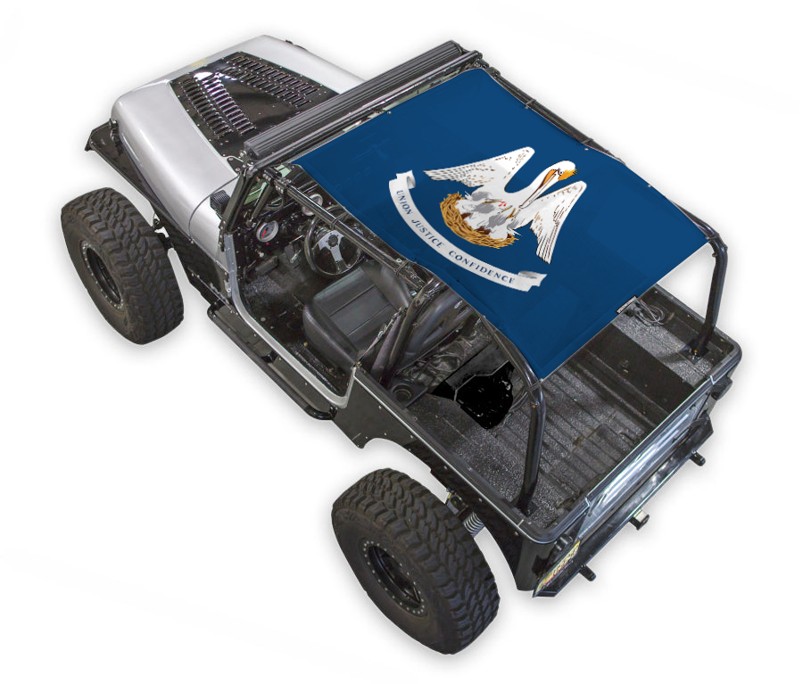 Sun shade for Jeep Wrangler YJ by SpiderWebShade; blue printed shade top with eagle logo