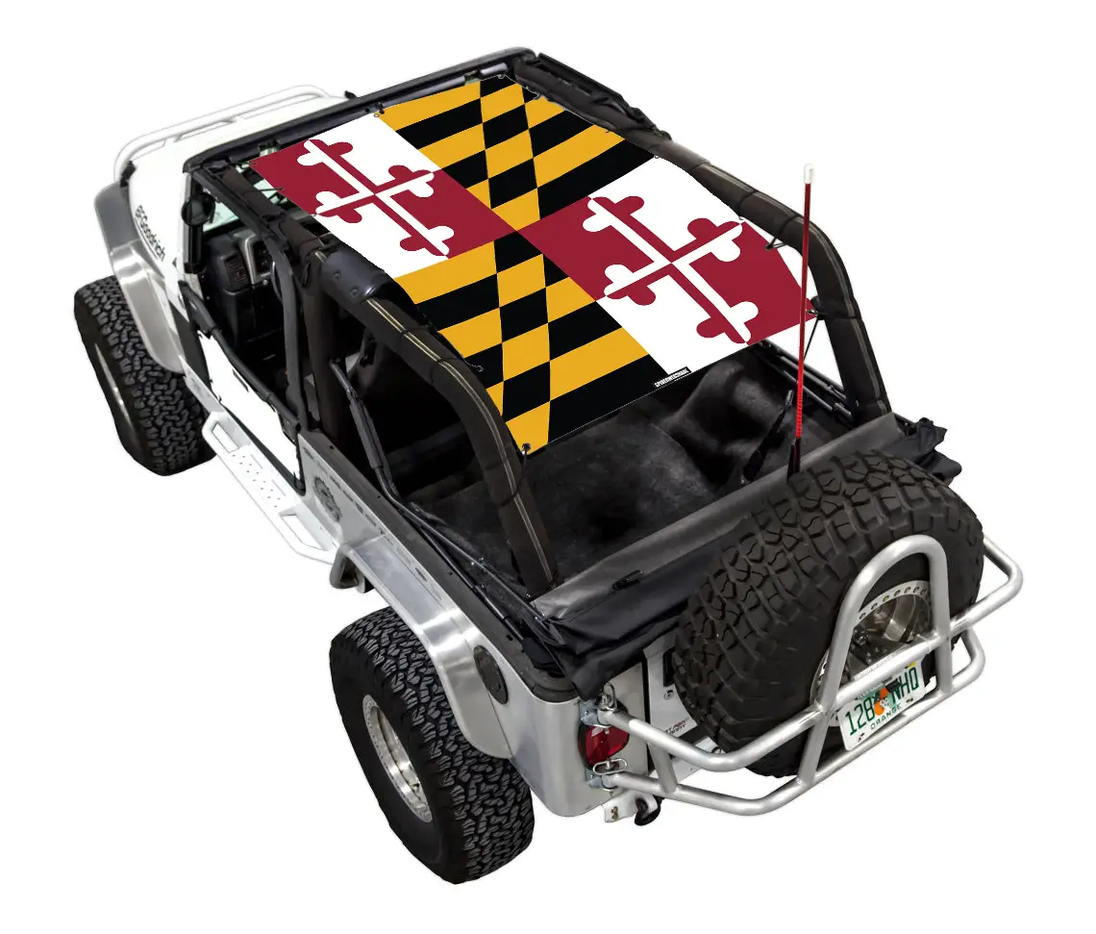 Sun shade for Jeep Wrangler LJ 2004–2006 with Maryland flag print by SpiderWebShade
