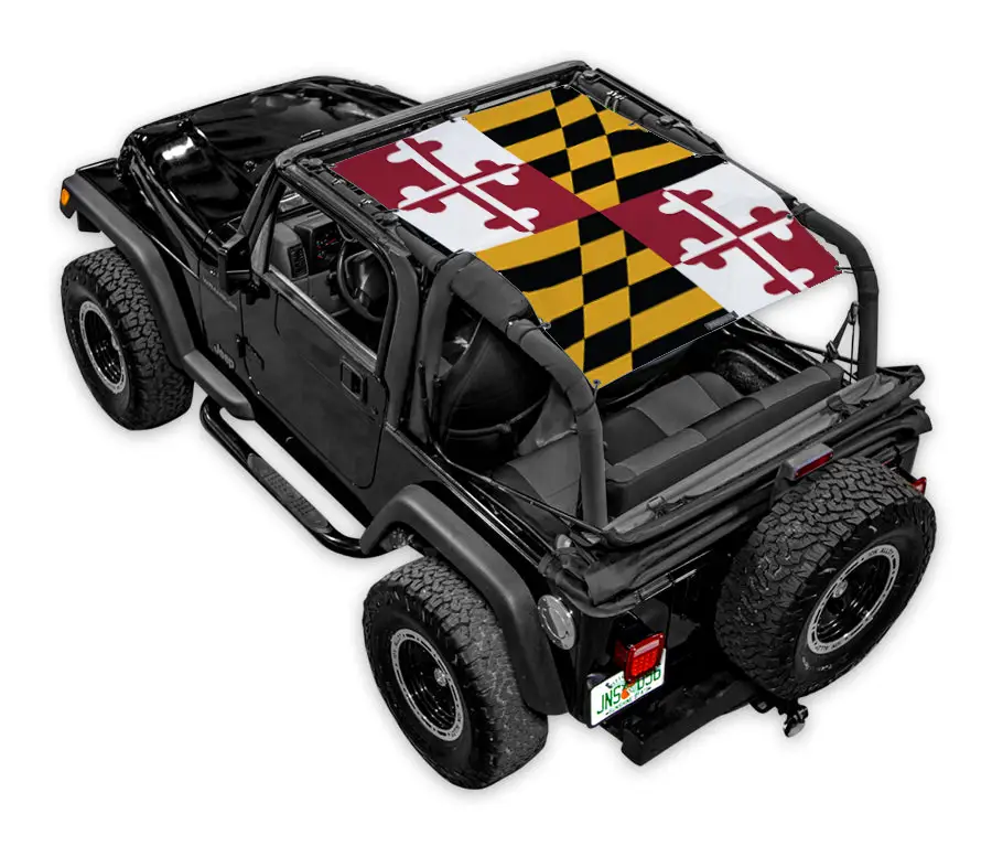 Sun shade top for Jeep Wrangler TJ (1997–2006) by SPIDERWEBSHADE with Maryland flag print.