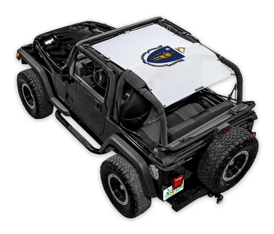 Sun Shade top for Jeep Wrangler TJ (1997–2006) by SpiderWebShade, white printed shade with emblem.