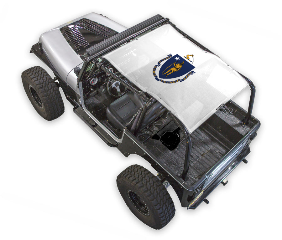 Sun Shade by SpiderWebShade for Jeep Wrangler YJ (1987–1996) with stock printed design