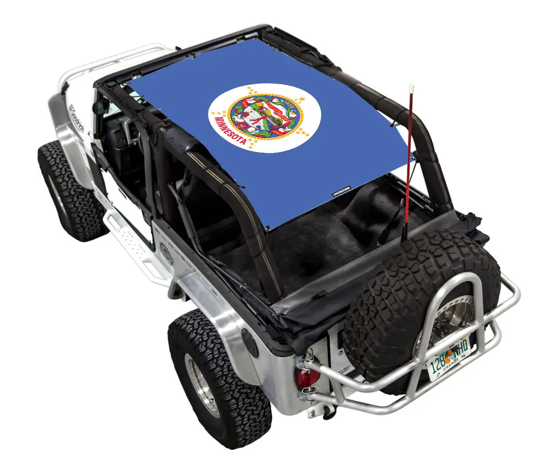 Sun shade top for Jeep Wrangler LJ (2004–2006) by SpiderWebShade with Minnesota state flag print